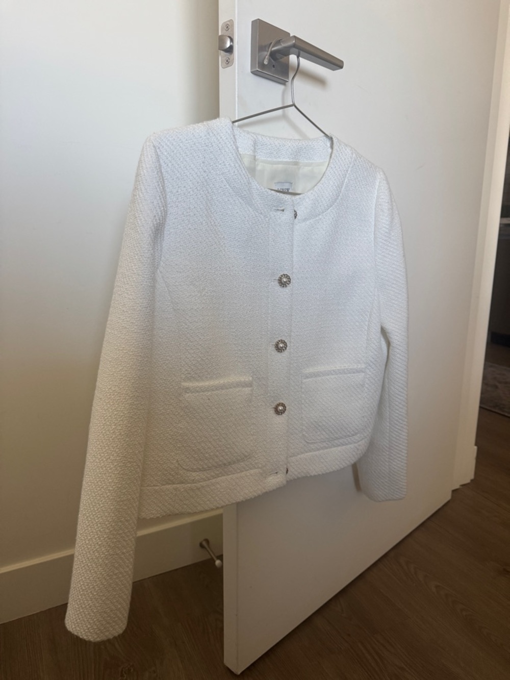 Zara White Textured Collarless Blazer with Decorative Buttons